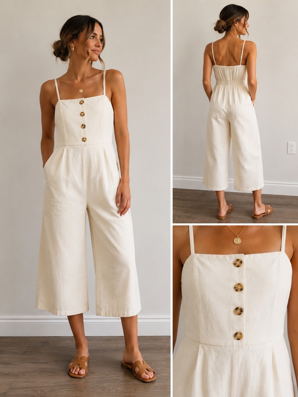 ICEE Cream Cropped Wide Leg Jumpsuit Cotton Blend ButtonFrontCulotteRomper SizeS